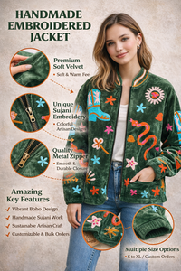 Veste en velours brodée Sujani faite à la main pour femmes, style bohème vintage, motif floral abstrait, vert, vêtements ethniques d'hiver en coton - Product Image 4