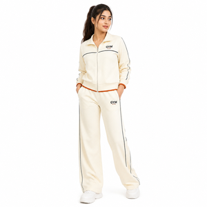 <b>Women</b> for <b>White</b> Hooded Fleece <b>Tracksuit</b> Set Custom Logo Full Zip Sports Jacket Wide Leg Pants 2 Piece Polyester/Cotton - Product Image 1