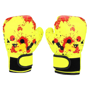 AL SWANS INTERNATIONAL Yellow <b>Plastic</b> Leather Non-Slip Embossed Boxing <b>Gloves</b> Red Black Splatter Design Adjustable Wrist Strap - Product Image 1