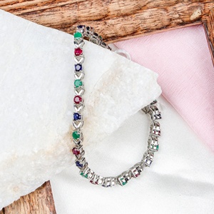 Wholesale 925 <b>Solid</b> Sterling <b>Silver</b> Natural Multi Gemstone Round Bezel Set Statement Tennis <b>Bracelet</b> Fine Jewelry Memoria Jewels - Product Image 1