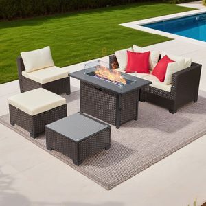 6-Piece Outdoor Patio Furniture Set Wicker Rattan Sectional 50000BTU Propane <b>Fire</b> <b>Pit</b> <b>Table</b> Customizable Outdoor Conversation - Product Image 1