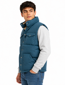 Men’s Padded Hooded Winter Vest Jacket Blue <b>Quilted</b> Sleeveless Puffer Gilet with Multiple Utility Pockets, Snap Button Front - Product Image 2