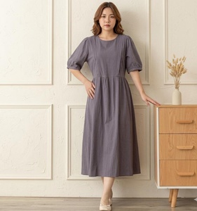 Vestido Midi Bohemio de Lino Orgánico para Mujer, Corte A, Tallas Grandes Personalizadas, Ajuste Holgado, Cuello en V, Manga Campana, Cintura Alta, Transpirable, Para Todas las Estaciones - Product Image 2