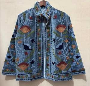 Wholesale Factory Custom <b>Women</b> Heavy Thread Embroidery Dusty Blue <b>Velvet</b> <b>Jacket</b> Casual Open Front Stand Collar Short Coat OEM - Product Image 3