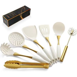 Elegante Set di Utensili da Cucina in Silicone Bianco Dorato, Non Tossico e Lavabile in Lavastoviglie, Resistente al Calore, Set di Strumenti da Cucina Confortevoli - Product Image 1