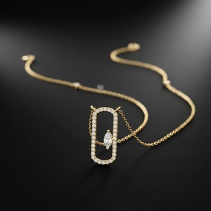 10K 14K 18K Yellow Gold Geometric Paperclip Pendant <b>Necklace</b> Round Cut Halo and Floating Marquise Cut Lab Grown Diamond <b>Necklace</b> - Product Image 2