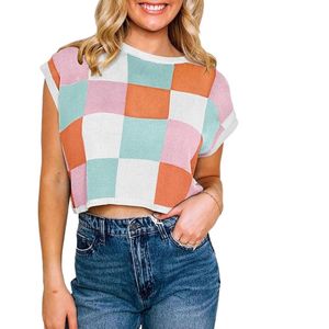 Womens Cap Sleeve Crop <b>Tops</b> Summer Color Block Going Out Crew Neck Knit Trendy Casual Sweater - Product Image 1