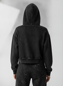 Sweat-shirt à capuche pour femme en mélange de coton, noir délavé, imprimé lettres, décontracté, pour l'automne - Product Image 3