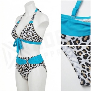 Ensemble bikini imprimé léopard pour femme, col halter, deux pièces, taille haute, avec bordure contrastée bleue et détail cordon de serrage - Product Image 3