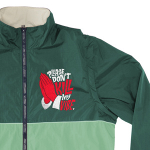 Blouson Bomber Unisexe Imperméable à Capuche Zippé avec Broderie et Imprimé Frontal 'Please Don't Kill My Vibe' Léger et Décontracté - Product Image 2