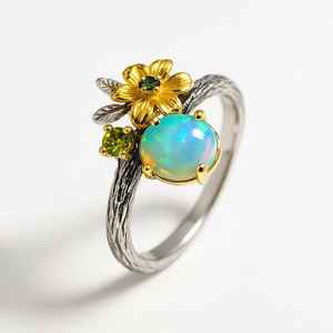 Flower Branch Fire Opal <b>Ring</b> <b>Crafted</b> Radiant Nature Elegance Fiery Color Beauty Timeless Statement Appeal Design Art IGI Wedding - Product Image 3