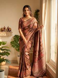 Sari de satén japonés con estampado Ajarakh de diseñador, con trabajo de espejo real y latkan, y blusa de satén japonés sin coser. - Product Image 3