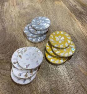 Elegant Mother of Pearl Inlay <b>Coaster</b> Round Mother Of Pearl Inlay <b>Coaster</b> <b>Set</b> 6 Pcs Glam Design Non Slip - Product Image 3