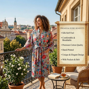 Kimono Floral Gris de Algodón Hecho a Mano |   Bata de casa de manga larga con cuello en V para mujer |   Bata de longitud completa y corte holgado, obra maestra de alta costura - Product Image 4