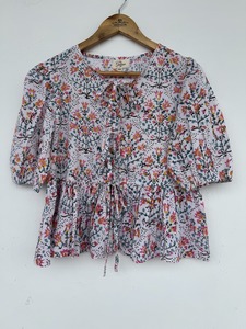 Blusa de Algodón a Rayas Multicolor para Mujer, con Cuello Redondo, Mangas Abullonadas, Cinturón, Tejido de Punto, Estilo Bohemio, Corte Corto y Holgado - Product Image 1