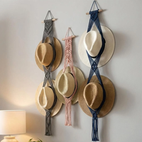 Support mural bohème en macramé pour chapeaux, étagère de rangement à double niveau en fibre de paille, décoration d'entrée