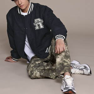 Reckless <b>Men's</b> Navy Varsity <b>Jacket</b> Embroidered Letter R Preppy Style Turn-down Collar Regular Fit Autumn Wear bomber embroidery - Product Image 5