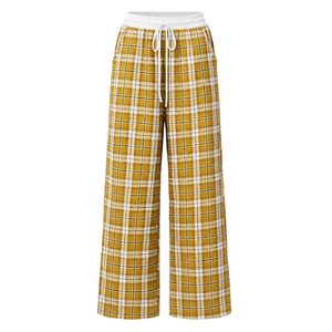 Pantalones de Salón Anchos de Franela a Cuadros Amarillos y Negros para Mujer, Transpirables, con Cintura Elástica, Cordón Ajustable y Bolsillos Laterales, Ajuste Holgado Casual - Product Image 1
