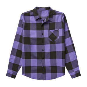 Camisa de Franela a Cuadros Negra y Morada para Hombre, Manga Larga, Cuello Camisero, Estilo Casual para Otoño, 100% Algodón, Antiarrugas - Product Image 1