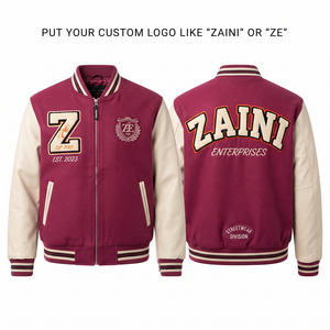 เสื้อแจ็คเก็ตวาร์ซิตี้ ZAINI พรีเมียม ผสมขนสัตว์ 400 GSM สีเบอร์กันดี ตัวเสื้อทำจากผ้าหนังเทียม แขนเสื้อทำจากหนังเทียม ปักโลโก้ตามสั่ง แต่งขอบด้วยผ้าริบถัก - Product Image 1