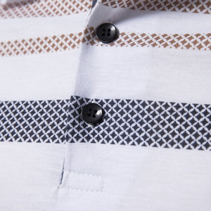 Polo à manches courtes pour homme, motif à carreaux, design tissé décontracté, coupe classique, blanc avec rayures bleues et beiges - Product Image 4