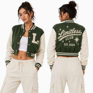 Chaqueta Varsity Corta Personalizada para Mujer, Cuerpo de Lana, Mangas de Cuero con Parches de Estrellas y Rayos, Venta al Por Mayor, Marca Privada, OEM, Logotipo Personalizado - Product Image 2