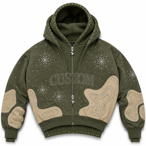 Sweat à capuche zippé double couche en strass pour homme, avec intérieur tricoté patchwork personnalisé, coupe oversize, style streetwear Y2K, mode hiver - Product Image 2