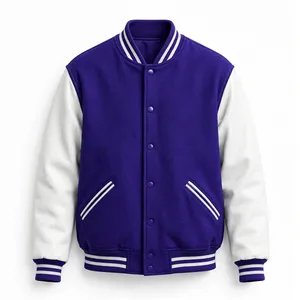 Chaqueta Varsity Morada para Hombre con Mangas de Cuero PU Blanco, Diseño Color Block, Botones a Presión, Estilo Béisbol, Chaqueta Deportiva - Product Image 1