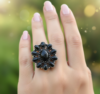Cincin Koktail Perak 925 Berbentuk Bunga dengan Batu Onyx Hitam Buatan Laboratorium, Gaya Vintage, Berlapis Pave, untuk Perhiasan Pesta Wanita