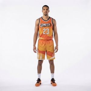 Ensemble de shorts de basket-ball personnalisés pour hommes, en maille polyester respirante, imprimés par sublimation, sans manches, avec logo frontal, motif désert - Product Image 1