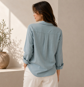 Women's <b>Linen</b> Shirt Long Sleeve Solid Color V-Neck Loose Fit Breathable Minimalist Style Spring Summer <b>Top</b> Vietnam Factory OEODM - Product Image 2