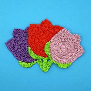 Pretty Pastel Tulip Bloom Crochet <b>Table</b> <b>Coasters</b> with Leaves - Soft Cotton Green Stems Heat Insulation Mats Chic Living Accent - Product Image 6