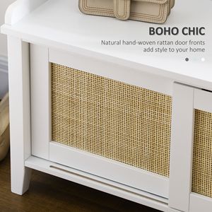 Panca scarpiera rustica in legno di pino con 2 ante scorrevoli in rattan e vano contenitore - Product Image 4