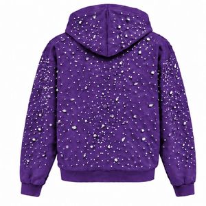 เสื้อฮู้ดซิปสีม่วงเข้มประดับมุก เสื้อแจ็คเก็ตสตรีทแวร์ตกแต่งมุก เสื้อสเวตเชิ้ตแขนยาวมีฮู้ดพร้อมกระเป๋าหน้า - Product Image 2