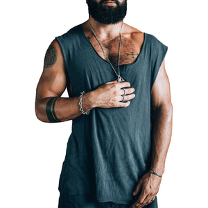 Blank Wholesale Bulk Men's Drape Fit Gym Tank Tops Breathable Textured Cotton Blend <b>Dropped</b> Armhole Custom Tee Tank Tops For Men - Product Image 2
