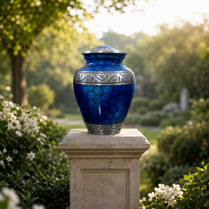 Handcrafted Blue Cremation Urn for Human Ashes - Elegant Metal <b>Memorial</b> Funeral <b>Keepsake</b> with Secure Lid & Detailed Silver Leaf - Product Image 2