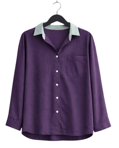 Conjunto de pijama de lino y algodón para mujer, color morado, camisa con botones y bolsillo en el pecho y pantalones con cordón, conjunto de ropa de dormir informal - Product Image 1