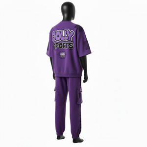 Ensemble t-shirt et pantalon cargo en coton gaufré respirant violet, avec t-shirt à manches bouffantes et logo personnalisé, pour homme - Product Image 2