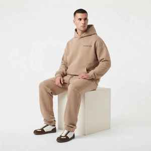 Ensemble de survêtement décontracté pour homme, couleur unie beige, avec capuche, coupe ample, coton, pantalon et sweat-shirt à cordon de serrage et poches - Product Image 5