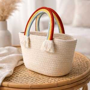 Nouveau Panier Portable Bohème Nuage d'été pour Fille, Sac à Main Décontracté Mignon, Panier de Pique-nique en Jute Tressé Couleur Unie, Idéal Plage et Voyage - Product Image 4
