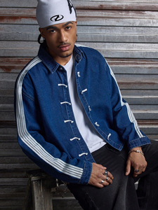 <b>Mens</b> <b>Denim</b> <b>Jacket</b> Indigo Frog Button Side Stripe Oriental Kung Fu Boxy Streetwear Washed Zip Up Collared Custom OEM Supplier - Product Image 5