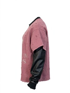 Custom Mauve Rhinestone Cross Long Sleeve Oversized T <b>Shirt</b> Vintage Distressed Layered Leather Sleeves Heavyweight <b>Waffle</b> Fabric - Product Image 3