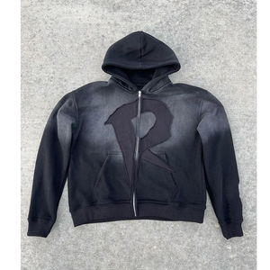 Sweat à capuche épais personnalisé avec broderie, effet vieilli, délavé à l'acide, zippé, motif araignée, délavé soleil, pour l'hiver - Product Image 3
