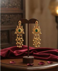 Pendientes Largos Tradicionales Indios de Lujo Polki Kashmiri, de Aleación de Zinc Chapada en Oro, con Cristales y Pedrería, Estilo Étnico, para Novia y Boda - Product Image 2