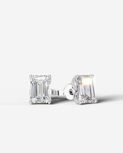 <b>Emerald</b> Cut Moissanite Claw Setting <b>Stud</b> <b>Earrings</b> GRA Certificate Rhodium Plated 925 Silver - Product Image 1