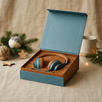 Boîte cadeau personnalisée de luxe pour écouteurs, emballage rigide bleu vintage avec insert en velours pour accessoires électroniques de Noël