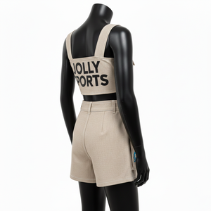 Traje de baño de mujer de alta calidad en poliéster y spandex color arena con paneles cargo, cremallera frontal y logo tejido. - Product Image 5