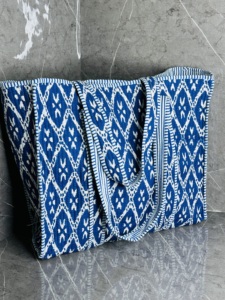 Handmade Quilted <b>Tote</b> <b>Bag</b> | Navy <b>Blue</b> & White Geometric Cotton Shoulder <b>Tote</b> <b>Bag</b> | Large Everyday Shopping & Travel <b>Tote</b> <b>Bag</b> - Product Image 4