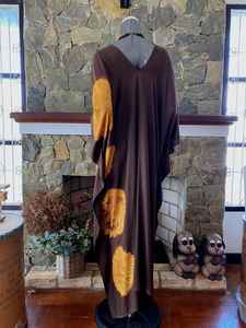 Plus Size Dark <b>Brown</b> Shibori <b>Tie</b> Dye Rayon Kaftan Dress Relaxed Fit Flowy Women Loungewear - Product Image 2