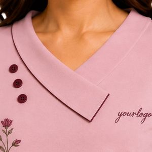 Camiseta de Manga Corta con Cuello Asimétrico para Mujer, Color Rosa Polvo, Bordado Floral, Ribete en Contraste, Logotipo Personalizado, Casual, Venta al Por Mayor - Product Image 5